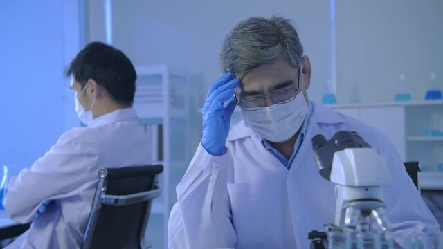 Research concept of 4k resolution. Scientists are stressed about laboratory research.