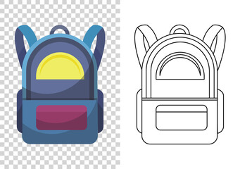 Kids school backpack. Colorful school bag. Education and study, backpack icon. Extravagant student satchel. Sketch and color style  illustration on transparent background