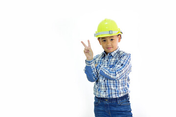 Cute Asian boy 7 years old with engineer uniform, white background