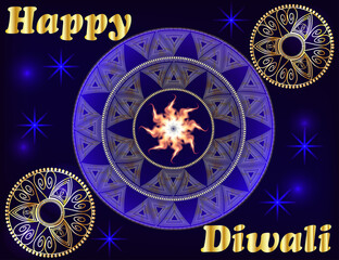 Happy Diwali. Light background. Three Lampadka, an oil lamp with a burning fire on an emerald,