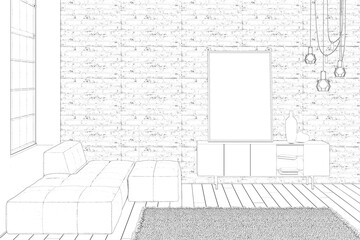 Sketch of living room interior with a vertical poster on a cabinet, a large sofa near the window, a brick wall, a carpet on a tiled floor, a modern chandelier. Front view. 3d render