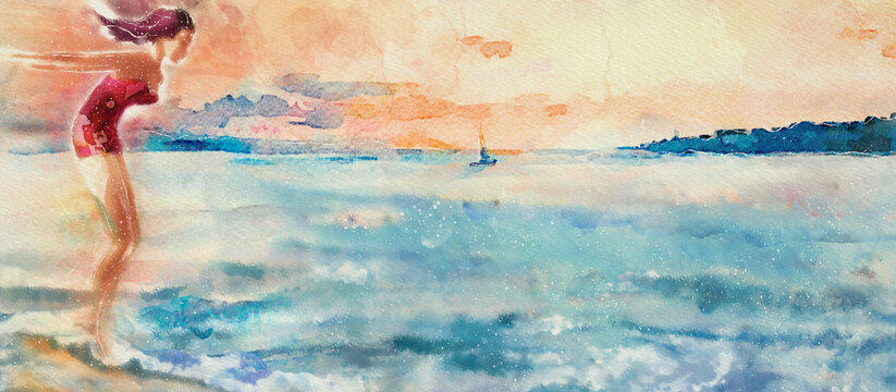 By the sea. Watercolor concept background.