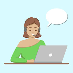 Call centre operator working at table. Cheerful and pretty young woman dispatcher in green clothes with headphones device and computer. Speech bubble for your text. Flat design, vector illustration 