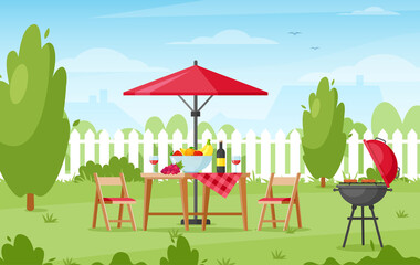 BBQ party in backyard. Vector illustration of picnic outdoors with barbecue grill, food, wine, table, chairs and umbrella. Garden with fence, bushes, tree and trail. Family summer barbecue. Patio area