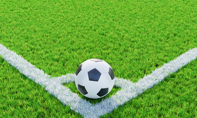 Fototapeta na wymiar Lawn or soccer field with thick, soft green grass. A standard patterned soccer ball placed for corner kicks. Top view Football field. Background or Wallpaper. 3D lawn. 3D Rendering.