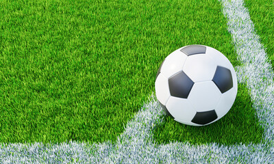 Lawn or soccer field with thick, soft green grass. A standard patterned soccer ball placed for corner kicks. Top view Football field. Background or Wallpaper. 3D lawn. 3D Rendering. © Superrider