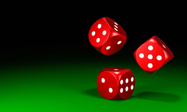 Circle shape red dice are falling on the green felt table. The concept of dice gambling in casinos. 3D Rendering