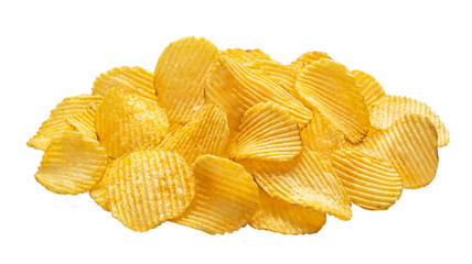 Heap of ridged potato chips isolated on white background
