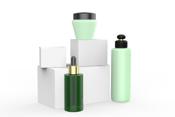 Cosmetic background for product presentation. Cosmetic bottle on beige paper podium. 3d illustration.