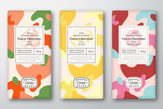 Chocolate Labels Set. Abstract Vector Packaging Design Layouts Collection. Modern Typography, Hand Drawn Pears, Melon, Pomegranate Fruit Sketches and Colorful Camouflage Pattern Background. Isolated