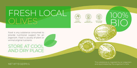 Fresh Local Vegetables Label Template. Abstract Vector Packaging Horizontal Design Layout. Modern Typography Banner with Hand Drawn Olives Sketch Silhouette Background. Isolated