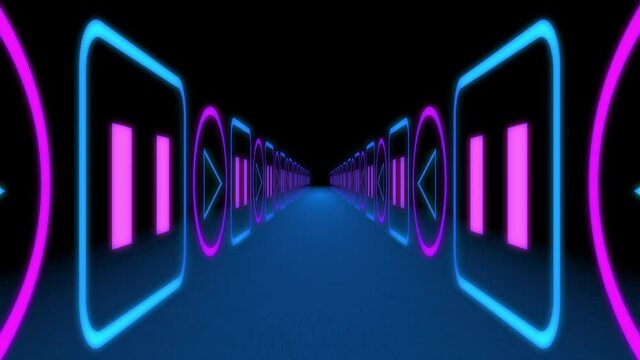 Geometric neon lighting in the room made of audio and video symbols and icons
