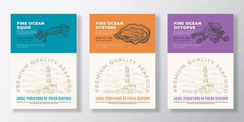 Seafood Vector Packaging Design or Label Templates Set. Ocean and Sea Products Banners. Modern Typography and Hand Drawn Squid, Octopus and Oyster Shell Silhouettes Backgrounds Layout Collection
