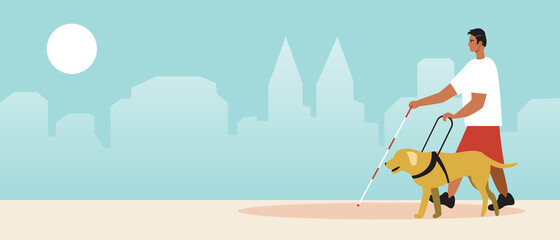 Blind man with cane, guide dog, copy space template or flat vector stock illustration with visually impaired with dog