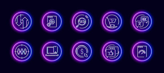 10 in 1 vector icons set related to seo link optimization theme. Lineart vector icons in neon glow style - obrazy, fototapety, plakaty