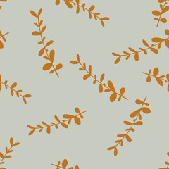 Orange colored eucalyptus branches elements seamless pattern. Hand drawn style. Grey background. © Purple_Lamp