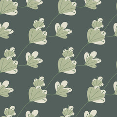 Decorative garden seamless pattern with pale green doodle flowers elements. Blue dark pale background.