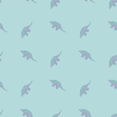 Geometric style seamless pattern with blue dinosaur silhouettes. Hand drawn shapes with animal print.