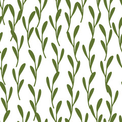 Isolated seamless pattern with green leaf branches ornament. Green floral ornament.