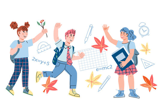 Banner backdrop with school children among various symbols of education. Back to school banner concept with cute pupils, cartoon vector illustration isolated on white background. - Powered by Adobe