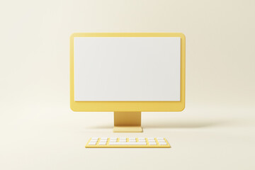 3D Minimal mockup yellow desktop with white blank screen, copy space, 3d render illustration.