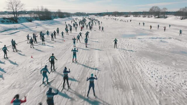 Many people on ski race competition in covered snow winter forest. Aerial view. cross-country skiing