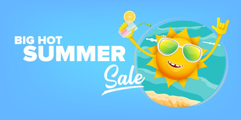 summer sale cartoon horizontal web banner or vector label with happy sun character wearing sunglasses and holding cocktail isolated on blue sky horizontal background - obrazy, fototapety, plakaty
