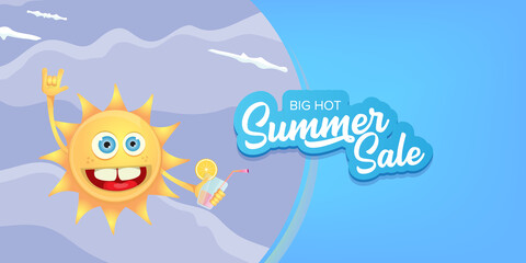 summer sale cartoon horizontal web banner or vector label with happy sun character wearing sunglasses and holding cocktail isolated on blue sky horizontal background