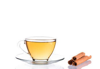Hot cup of tea with saucers and herbs Popular healthy drink products in Asia, Japan, China, isolated on white background.