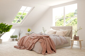 Mockup of stylish bedroom in white color with summer landscape in window. Scandinavian interior design. 3D illustration