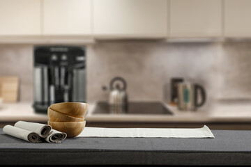 Desk of free space and kitchen interior 