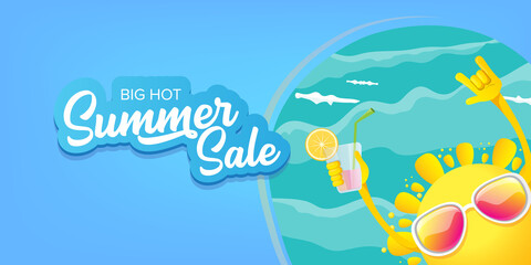 Fototapeta na wymiar summer sale cartoon horizontal web banner or vector label with happy sun character wearing sunglasses and holding cocktail isolated on blue sky horizontal background
