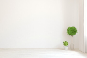Empty wall mockup with green home plants. Scandinavian interior design. 3D illustration