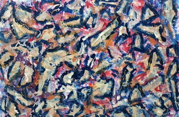 A dirty, scribbled wall. A chaotic sketch. A study in the style of abstract impressionism. Imitation of Jackson Pollock. Abstract blue and gold spots on a multicolored background. 