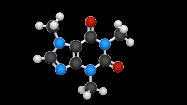 Molecular structure of Caffeine, stimulant present in coffee. C8H10N4O2. Chemical structure model: Ball and Stick. 3D render. Seamless loop. RGB + Alpha (Transparent) channel
