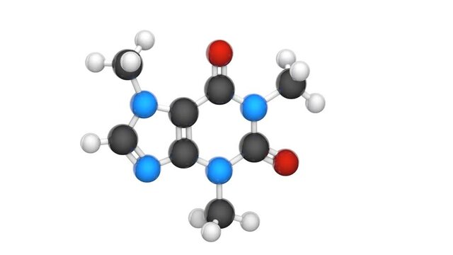 Molecular structure of Caffeine, stimulant present in coffee. C8H10N4O2. Chemical structure model: Ball and Stick. 3D render. Seamless loop. White background