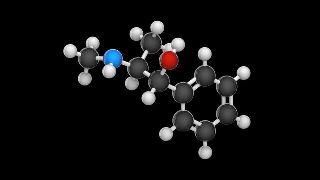 Ephedrine is a medication and stimulant. Formula: C10H15NO. Chemical structure model: Ball and Stick. 3D render. Seamless loop. Black background