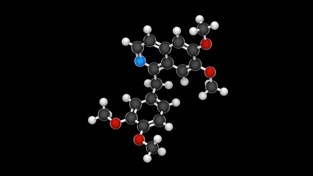 Papaverine (Papaverin) is an opium alkaloid antispasmodic drug. Formula: C20H21NO4. Chemical structure model: Ball and Stick. 3D render. Seamless loop. Black background