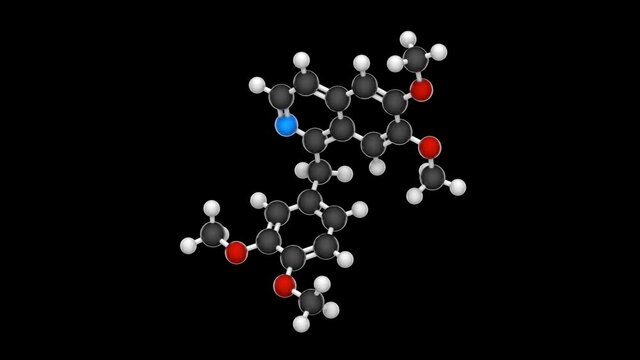 Papaverine (Papaverin) is an opium alkaloid antispasmodic drug. Formula: C20H21NO4. Chemical structure model: Ball and Stick. 3D render. Seamless loop. RGB + Alpha (Transparent) channel