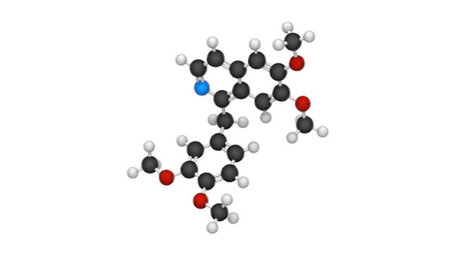Papaverine (Papaverin) is an opium alkaloid antispasmodic drug. Formula: C20H21NO4. Chemical structure model: Ball and Stick. 3D render. Seamless loop. White background