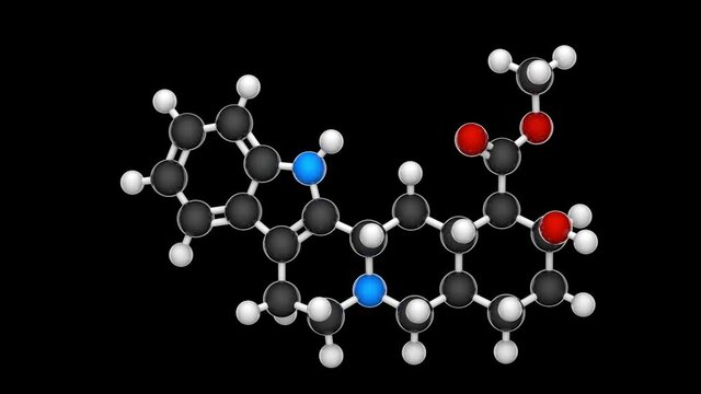 Yohimbine(quebrachine), is an indole alkaloid derived from the bark of the African tree Pausinystalia johimbe. C21H26N2O3. RGB + Alpha (Transparent) channel 3D render. Seamless loop.