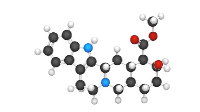 Yohimbine(quebrachine), is an indole alkaloid derived from the bark of the African tree Pausinystalia johimbe. C21H26N2O3. Chemical structure model: Ball and Stick. 3D render. Seamless loop.