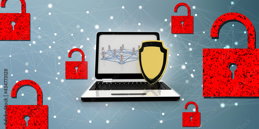 Poster laptop with shield. isolated 3d rendering image