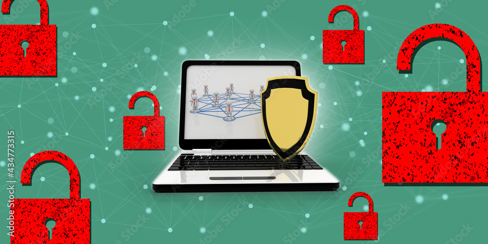 Poster laptop with shield. isolated 3d rendering image
