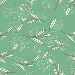 Foliage abstract seamless pattern with grey random outline leaf branches print. Green background with splashes.