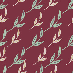 Blue and grey nordic leaves twig seamless pattern in doodle style. Maroon background. Decorative floral print.