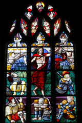 Stained glass in St Martin's church, Broglie, France. Jesus's resurrection.
