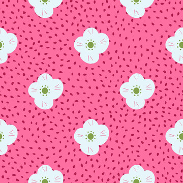 Decorative simple flowers seamless pattern in kids style. Pink bright dotted background. Abstract style.