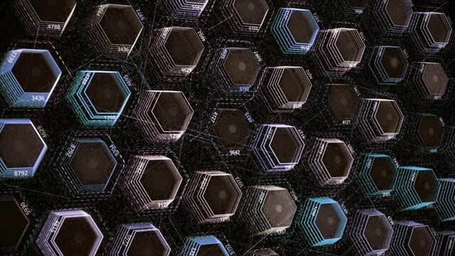 Abstract background with colorful hexagons, seamless loop. Animation. Technologic electricity backdrop, rows of hexagon blurred shapes.