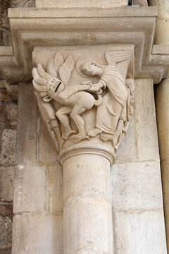 Saint Mary Magdalene basilica, Vezelay, France. Capital depicting Angel Raphael vanquishing Asmodeus